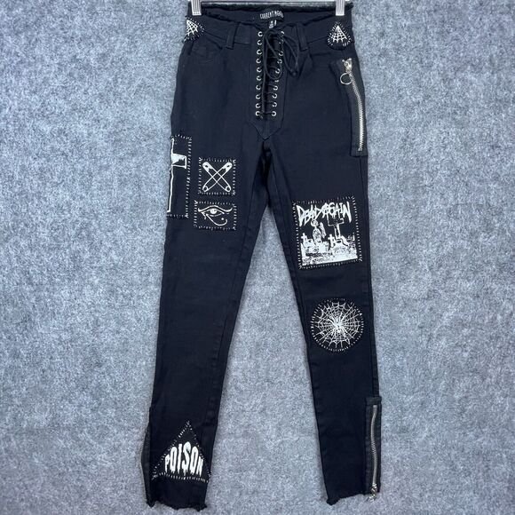 Current Mood Dolls Kill Jeans Small Black Goth Lace Up Cross Poison Spider Dead - Picture 1 of 7